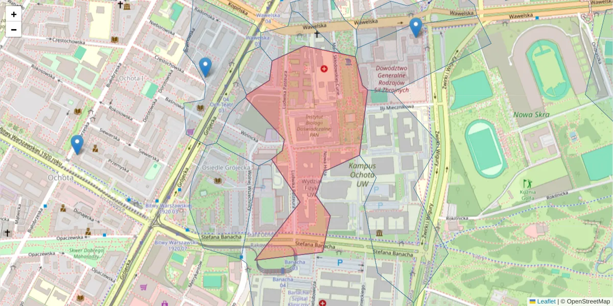 Szczegółowa mapa kodu pocztowego 02-093 z granicami, sąsiednimi kodami pocztowymi i urzędami pocztowymi
