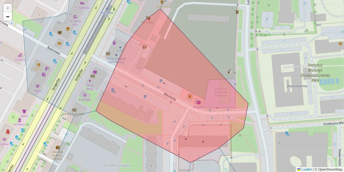 Szczegółowa mapa kodu pocztowego 02-095 z granicami, sąsiednimi kodami pocztowymi i urzędami pocztowymi