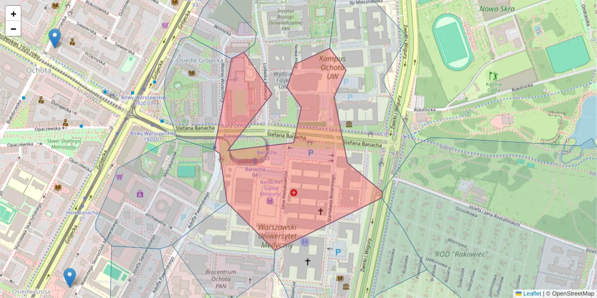 Szczegółowa mapa kodu pocztowego 02-097 z granicami, sąsiednimi kodami pocztowymi i urzędami pocztowymi