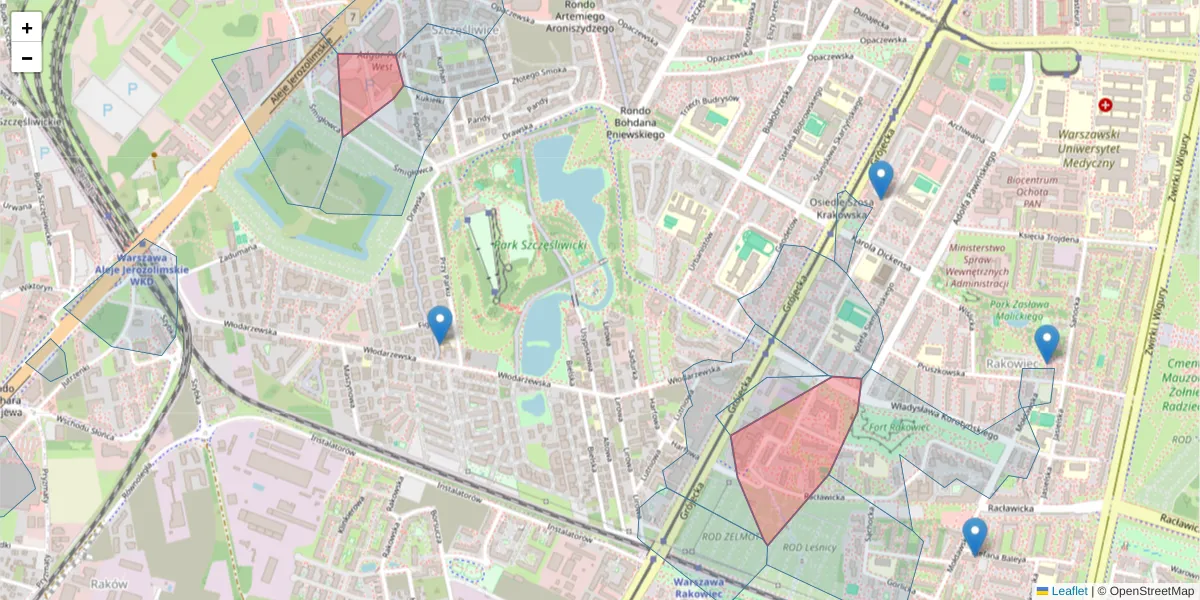 Szczegółowa mapa kodu pocztowego 02-122 z granicami, sąsiednimi kodami pocztowymi i urzędami pocztowymi