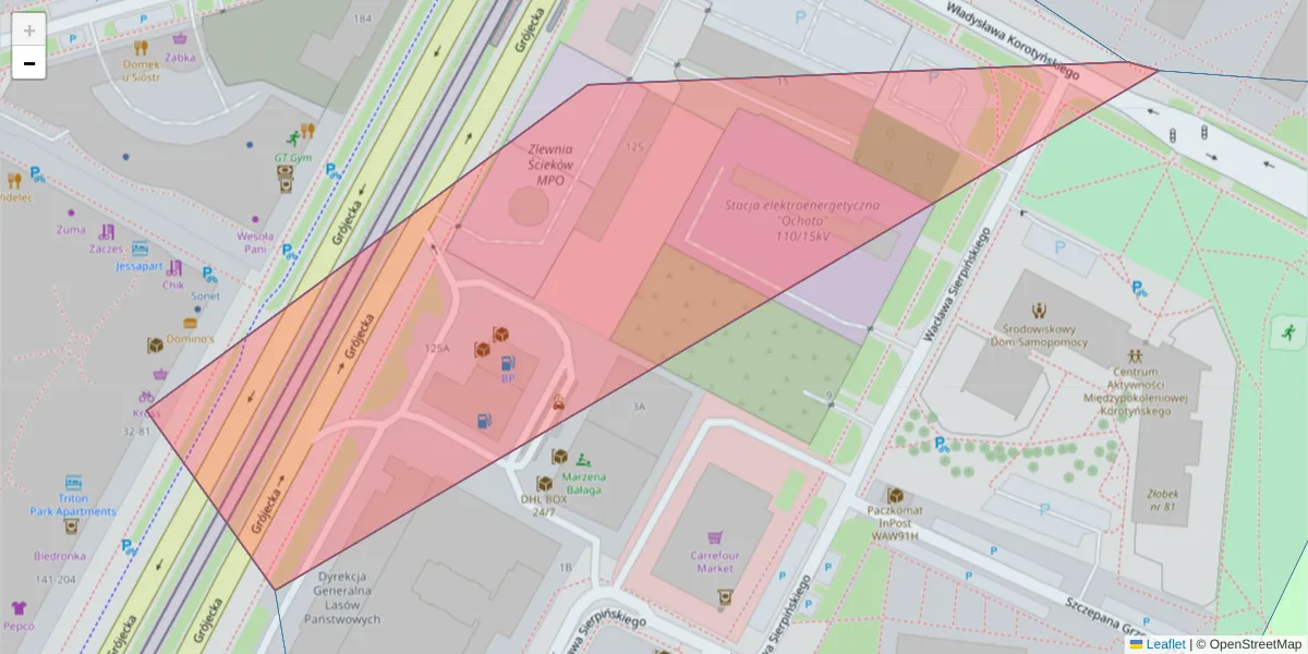 Szczegółowa mapa kodu pocztowego 02-124 z granicami, sąsiednimi kodami pocztowymi i urzędami pocztowymi