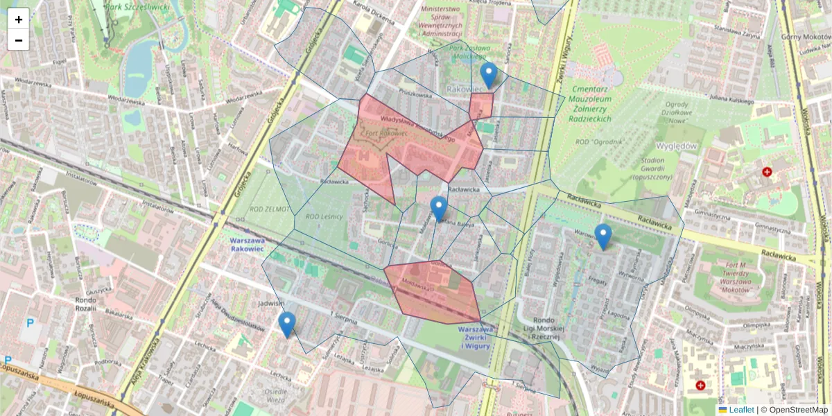 Szczegółowa mapa kodu pocztowego 02-127 z granicami, sąsiednimi kodami pocztowymi i urzędami pocztowymi