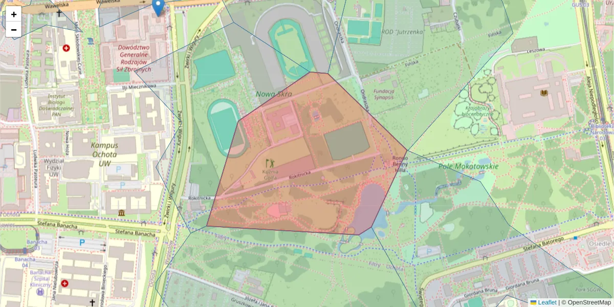 Szczegółowa mapa kodu pocztowego 02-131 z granicami, sąsiednimi kodami pocztowymi i urzędami pocztowymi