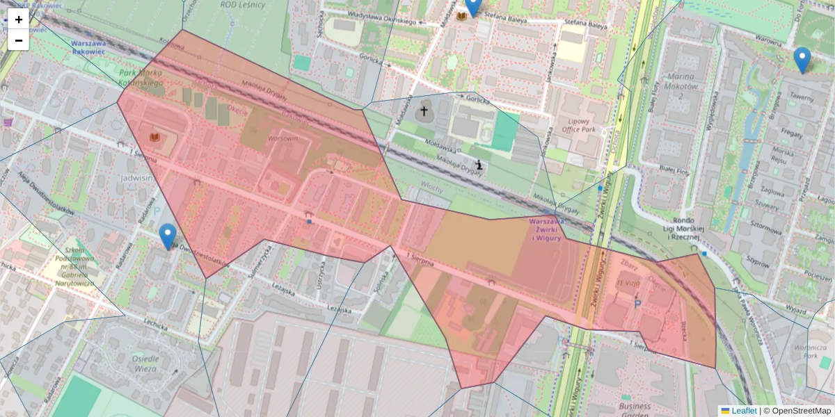 Szczegółowa mapa kodu pocztowego 02-134 z granicami, sąsiednimi kodami pocztowymi i urzędami pocztowymi