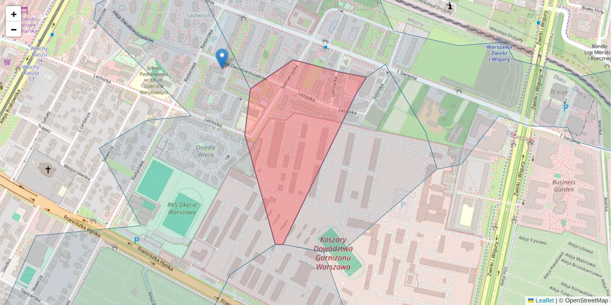 Szczegółowa mapa kodu pocztowego 02-141 z granicami, sąsiednimi kodami pocztowymi i urzędami pocztowymi