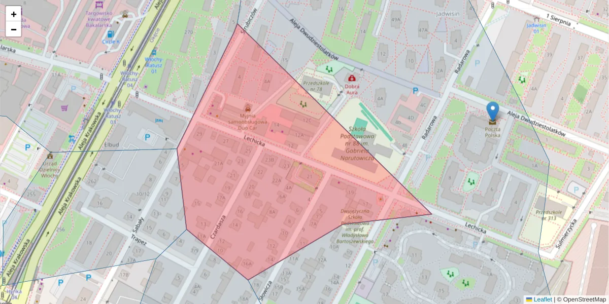 Szczegółowa mapa kodu pocztowego 02-170 z granicami, sąsiednimi kodami pocztowymi i urzędami pocztowymi