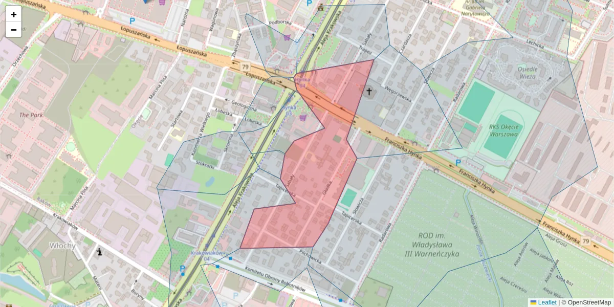 Szczegółowa mapa kodu pocztowego 02-174 z granicami, sąsiednimi kodami pocztowymi i urzędami pocztowymi