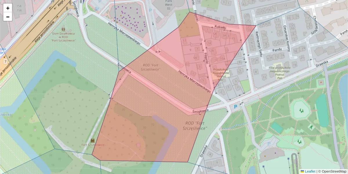 Szczegółowa mapa kodu pocztowego 02-207 z granicami, sąsiednimi kodami pocztowymi i urzędami pocztowymi