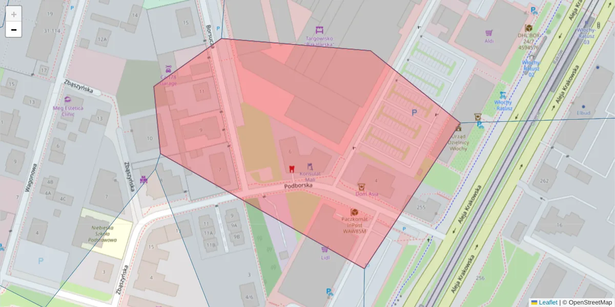 Szczegółowa mapa kodu pocztowego 02-221 z granicami, sąsiednimi kodami pocztowymi i urzędami pocztowymi