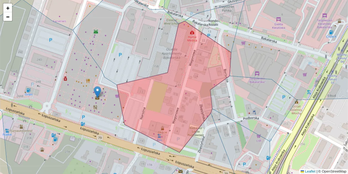 Szczegółowa mapa kodu pocztowego 02-223 z granicami, sąsiednimi kodami pocztowymi i urzędami pocztowymi