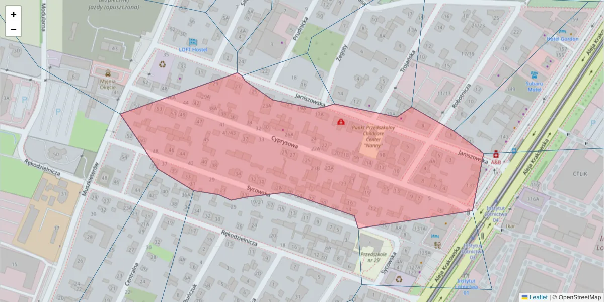 Szczegółowa mapa kodu pocztowego 02-265 z granicami, sąsiednimi kodami pocztowymi i urzędami pocztowymi