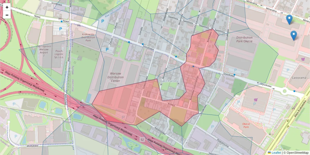 Szczegółowa mapa kodu pocztowego 02-293 z granicami, sąsiednimi kodami pocztowymi i urzędami pocztowymi