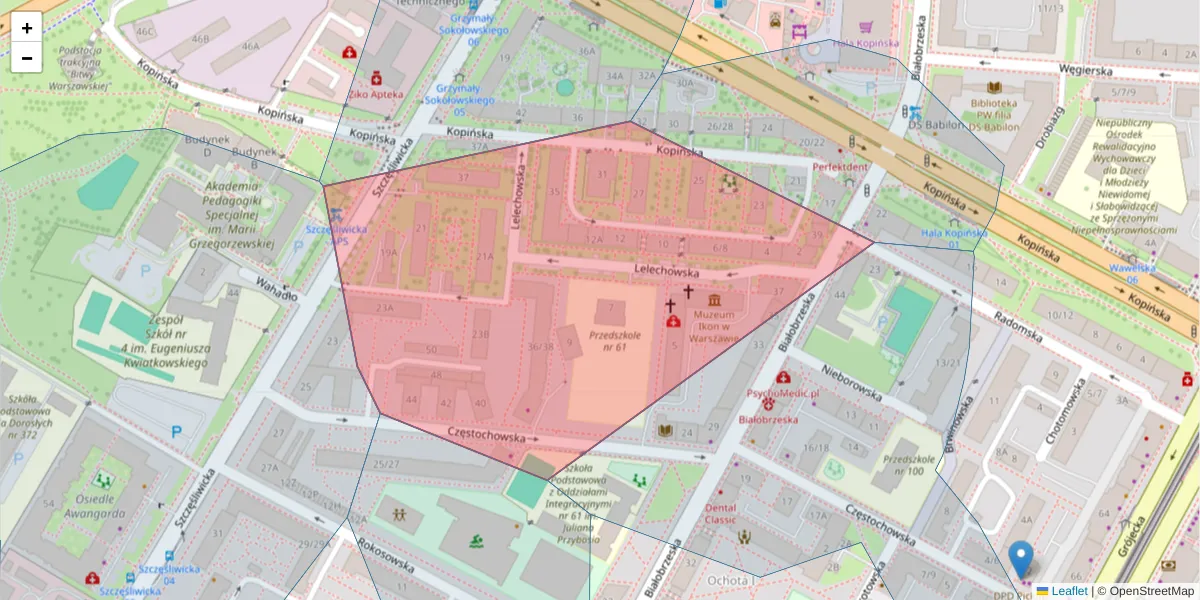 Szczegółowa mapa kodu pocztowego 02-351 z granicami, sąsiednimi kodami pocztowymi i urzędami pocztowymi