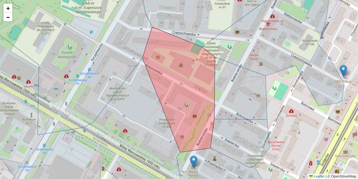 Szczegółowa mapa kodu pocztowego 02-364 z granicami, sąsiednimi kodami pocztowymi i urzędami pocztowymi