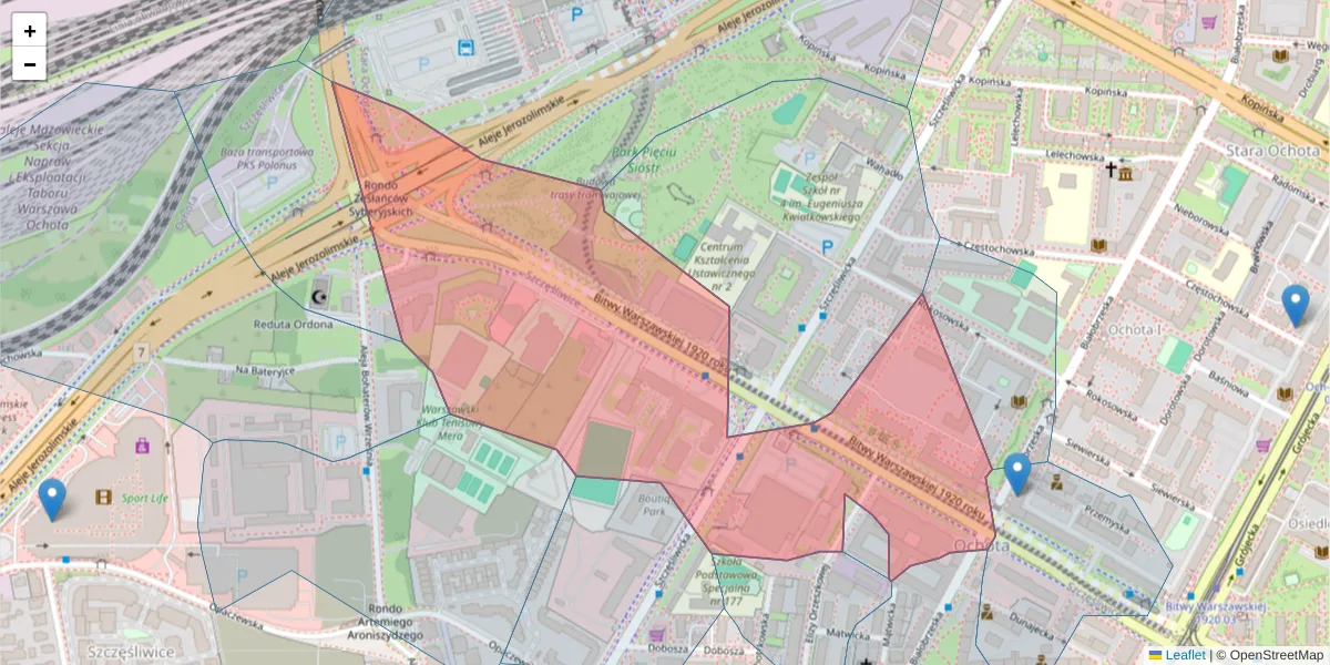 Szczegółowa mapa kodu pocztowego 02-366 z granicami, sąsiednimi kodami pocztowymi i urzędami pocztowymi