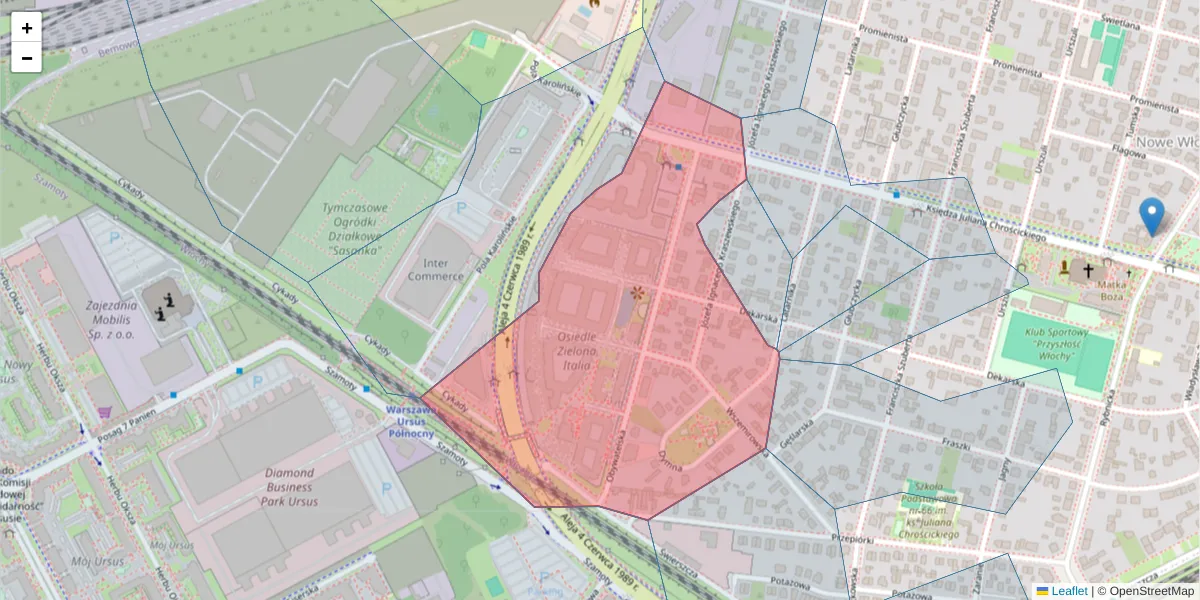 Szczegółowa mapa kodu pocztowego 02-409 z granicami, sąsiednimi kodami pocztowymi i urzędami pocztowymi