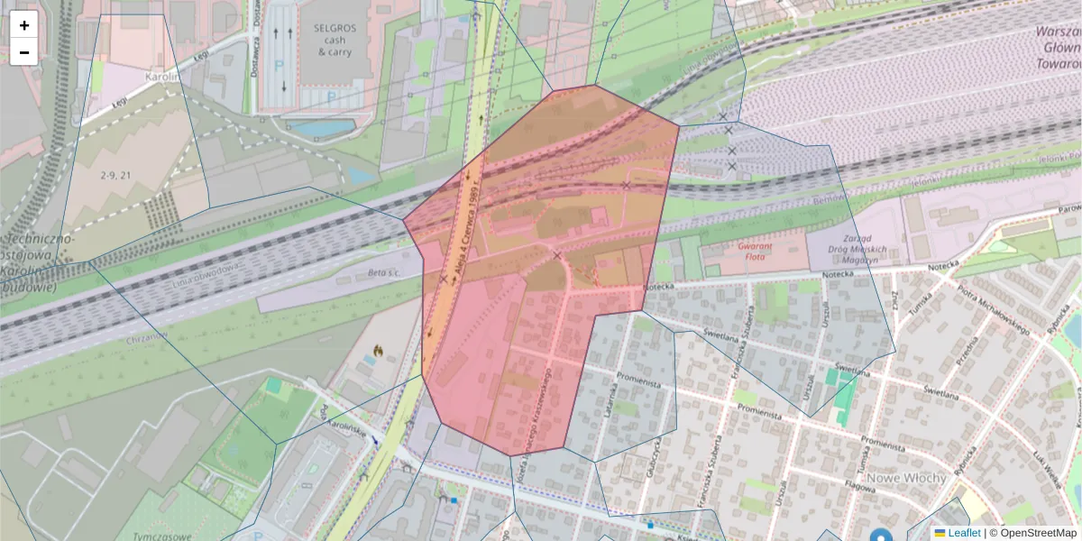Szczegółowa mapa kodu pocztowego 02-422 z granicami, sąsiednimi kodami pocztowymi i urzędami pocztowymi