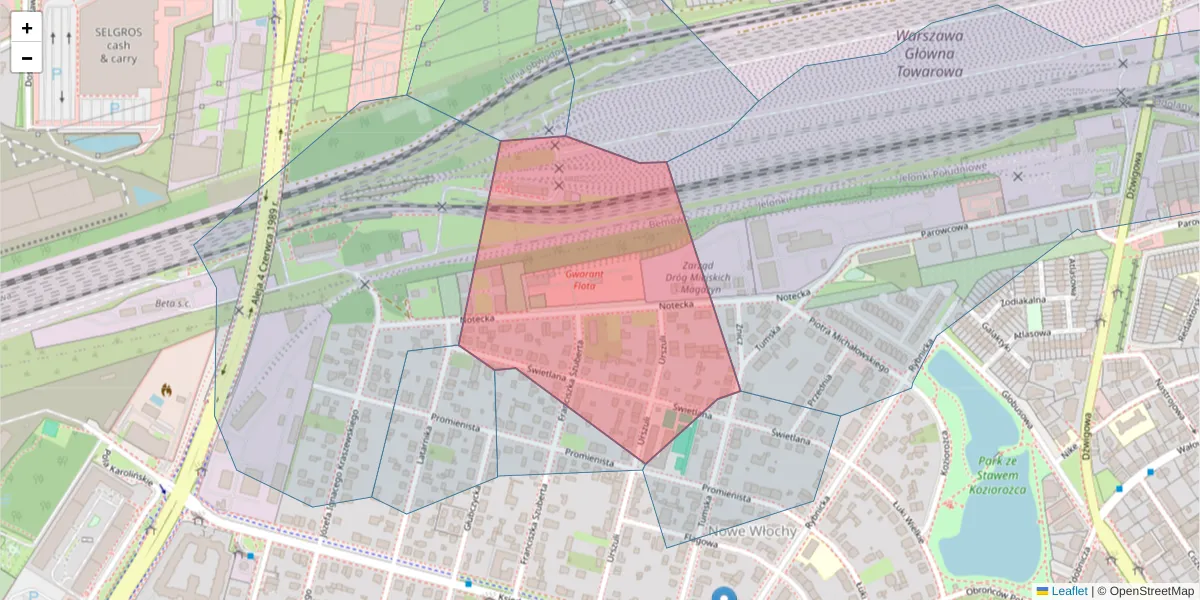 Szczegółowa mapa kodu pocztowego 02-427 z granicami, sąsiednimi kodami pocztowymi i urzędami pocztowymi