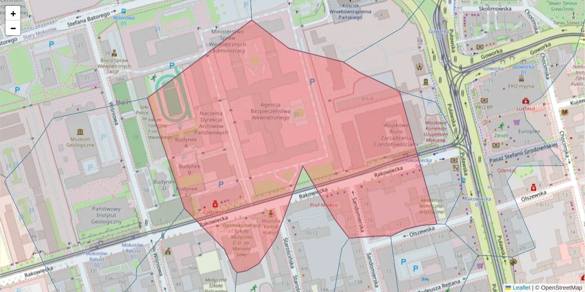Szczegółowa mapa kodu pocztowego 02-517 z granicami, sąsiednimi kodami pocztowymi i urzędami pocztowymi