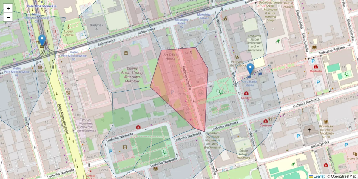 Szczegółowa mapa kodu pocztowego 02-518 z granicami, sąsiednimi kodami pocztowymi i urzędami pocztowymi