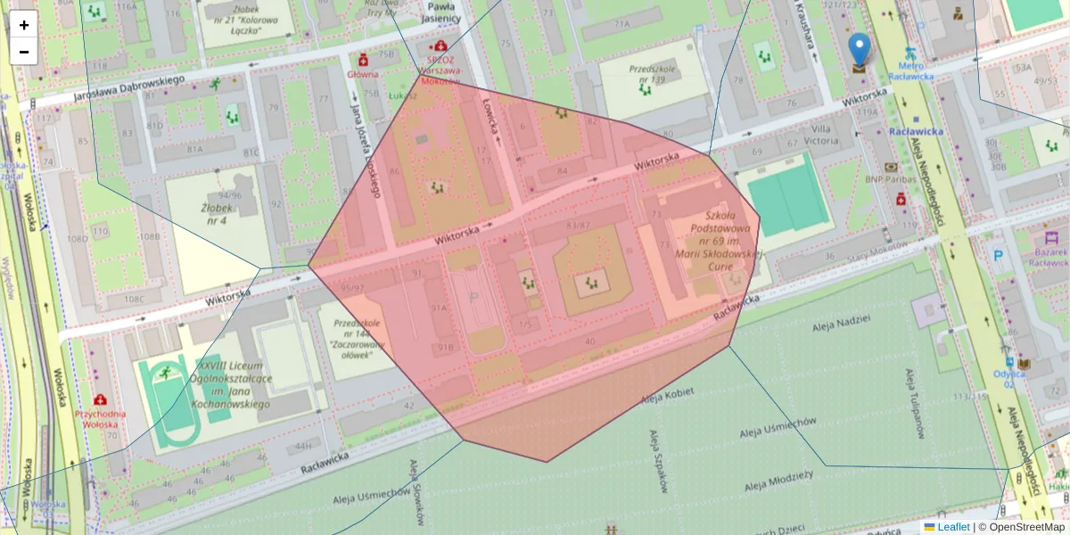Szczegółowa mapa kodu pocztowego 02-584 z granicami, sąsiednimi kodami pocztowymi i urzędami pocztowymi