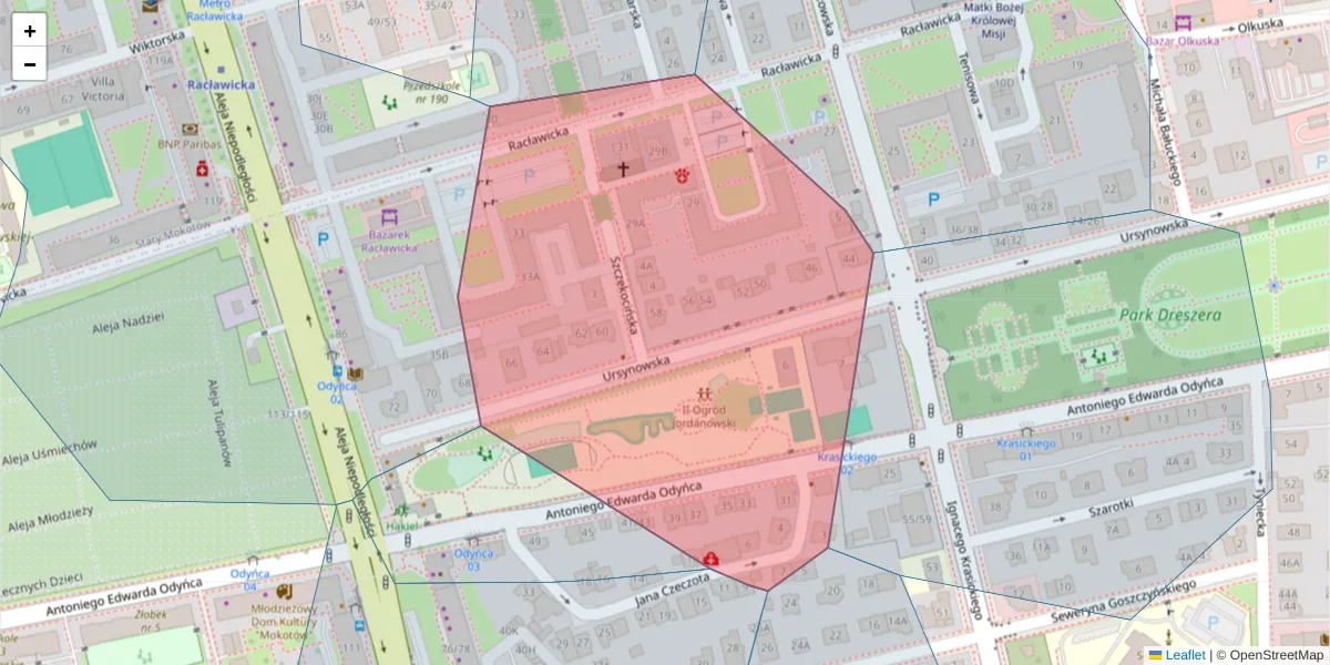Szczegółowa mapa kodu pocztowego 02-605 z granicami, sąsiednimi kodami pocztowymi i urzędami pocztowymi