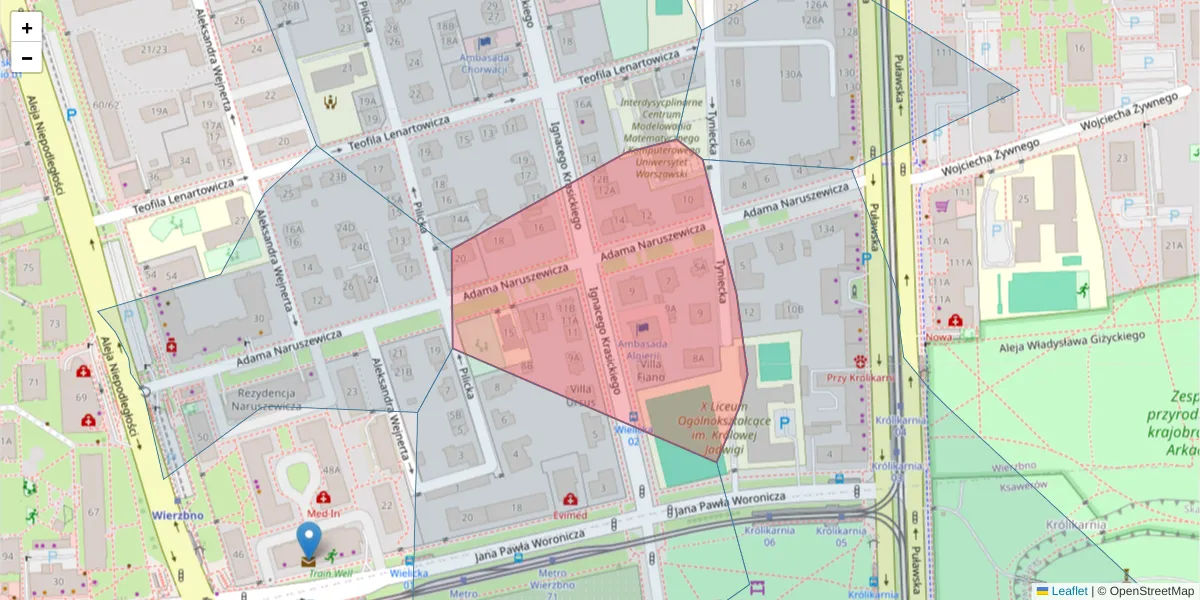 Szczegółowa mapa kodu pocztowego 02-628 z granicami, sąsiednimi kodami pocztowymi i urzędami pocztowymi