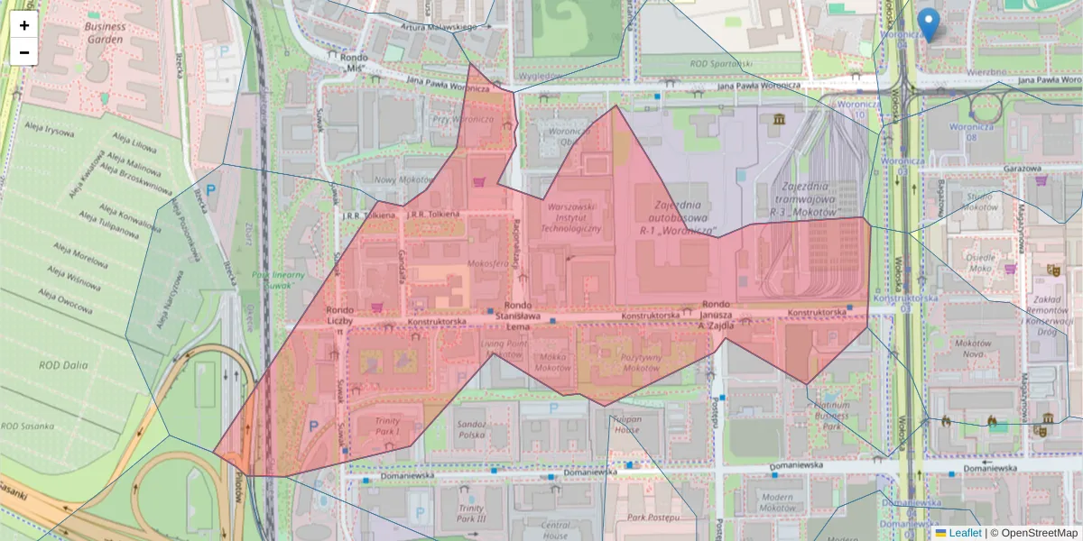 Szczegółowa mapa kodu pocztowego 02-673 z granicami, sąsiednimi kodami pocztowymi i urzędami pocztowymi