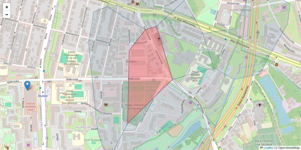 Szczegółowa mapa kodu pocztowego 02-738 z granicami, sąsiednimi kodami pocztowymi i urzędami pocztowymi