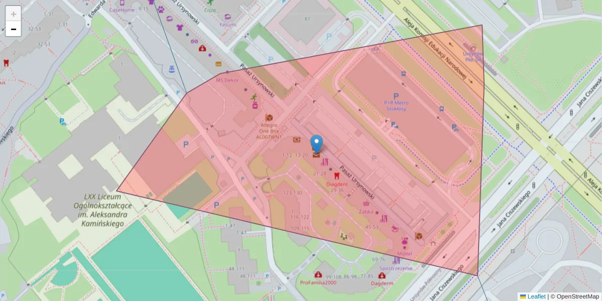 Szczegółowa mapa kodu pocztowego 02-782 z granicami, sąsiednimi kodami pocztowymi i urzędami pocztowymi