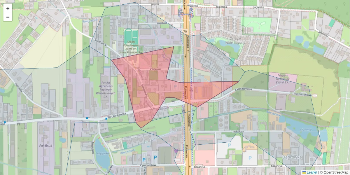 Szczegółowa mapa kodu pocztowego 02-879 z granicami, sąsiednimi kodami pocztowymi i urzędami pocztowymi