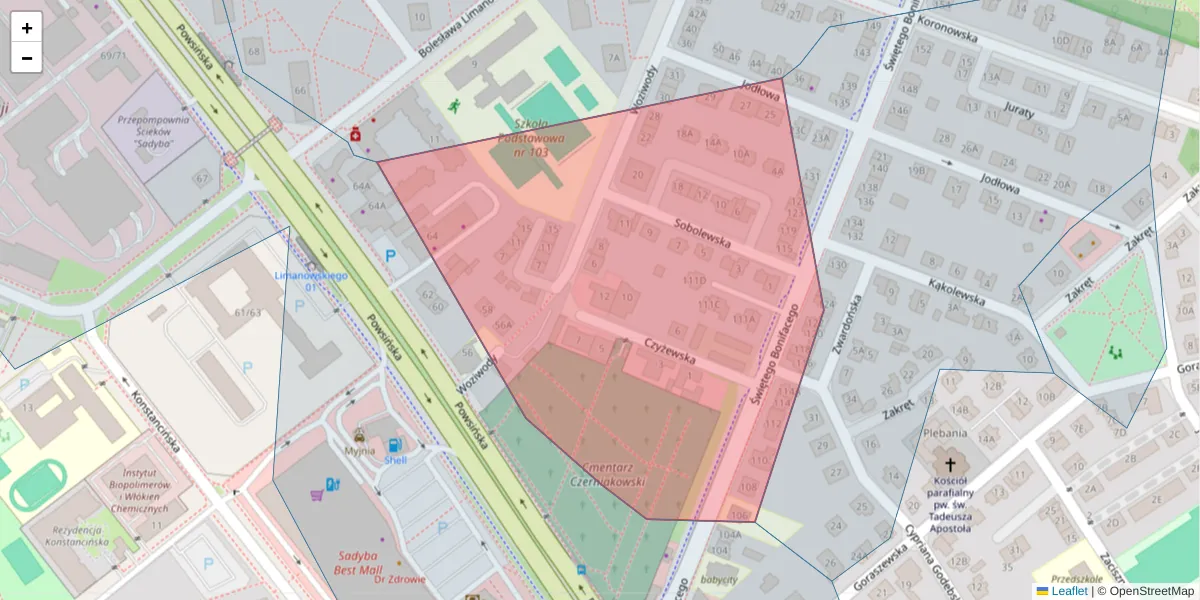Szczegółowa mapa kodu pocztowego 02-908 z granicami, sąsiednimi kodami pocztowymi i urzędami pocztowymi