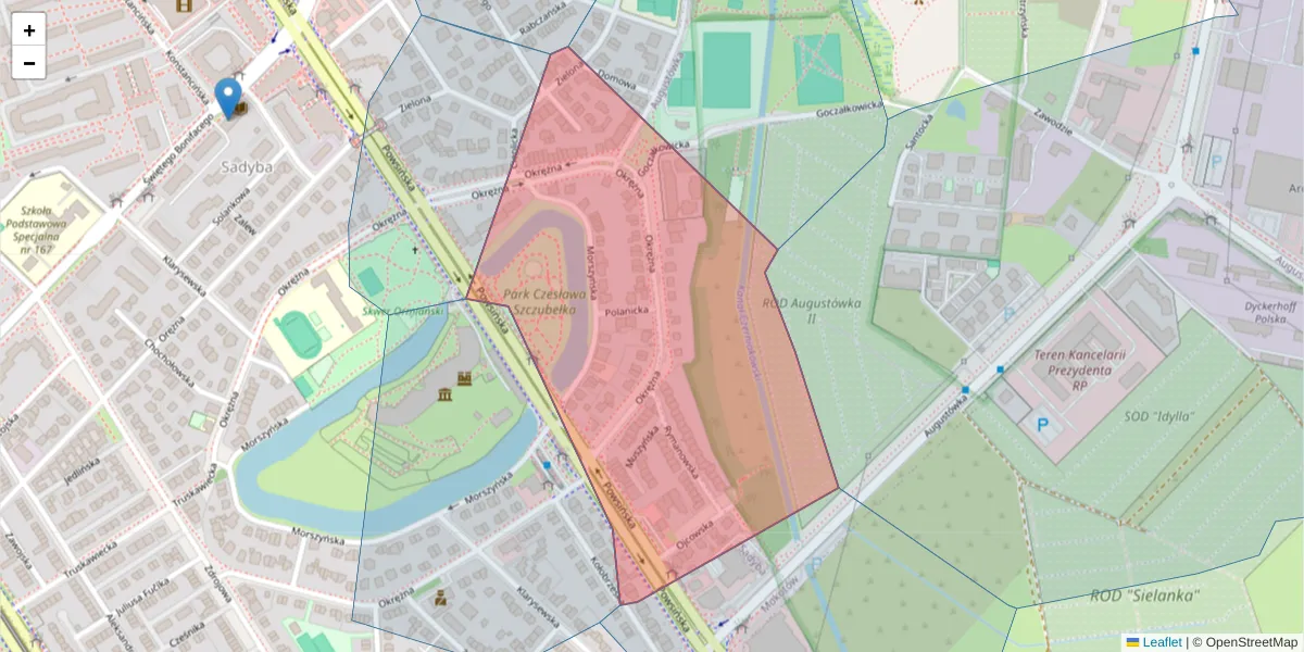 Szczegółowa mapa kodu pocztowego 02-916 z granicami, sąsiednimi kodami pocztowymi i urzędami pocztowymi