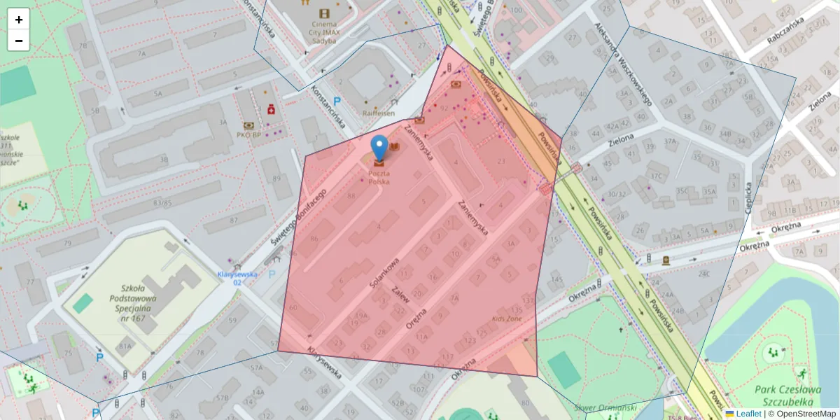 Szczegółowa mapa kodu pocztowego 02-940 z granicami, sąsiednimi kodami pocztowymi i urzędami pocztowymi