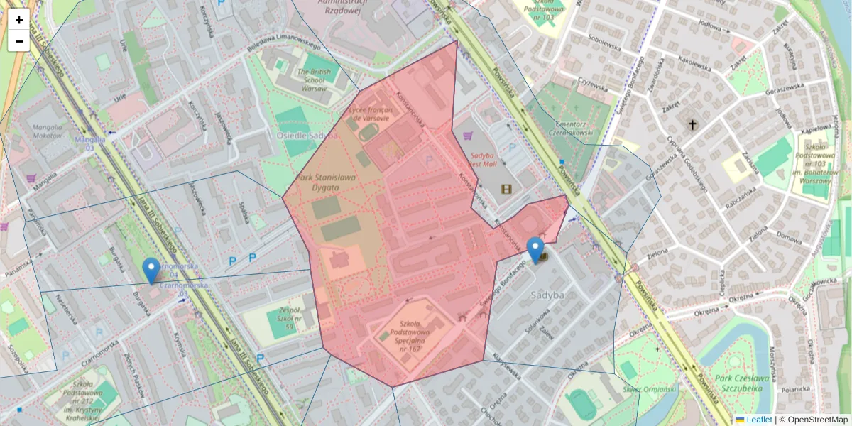 Szczegółowa mapa kodu pocztowego 02-942 z granicami, sąsiednimi kodami pocztowymi i urzędami pocztowymi