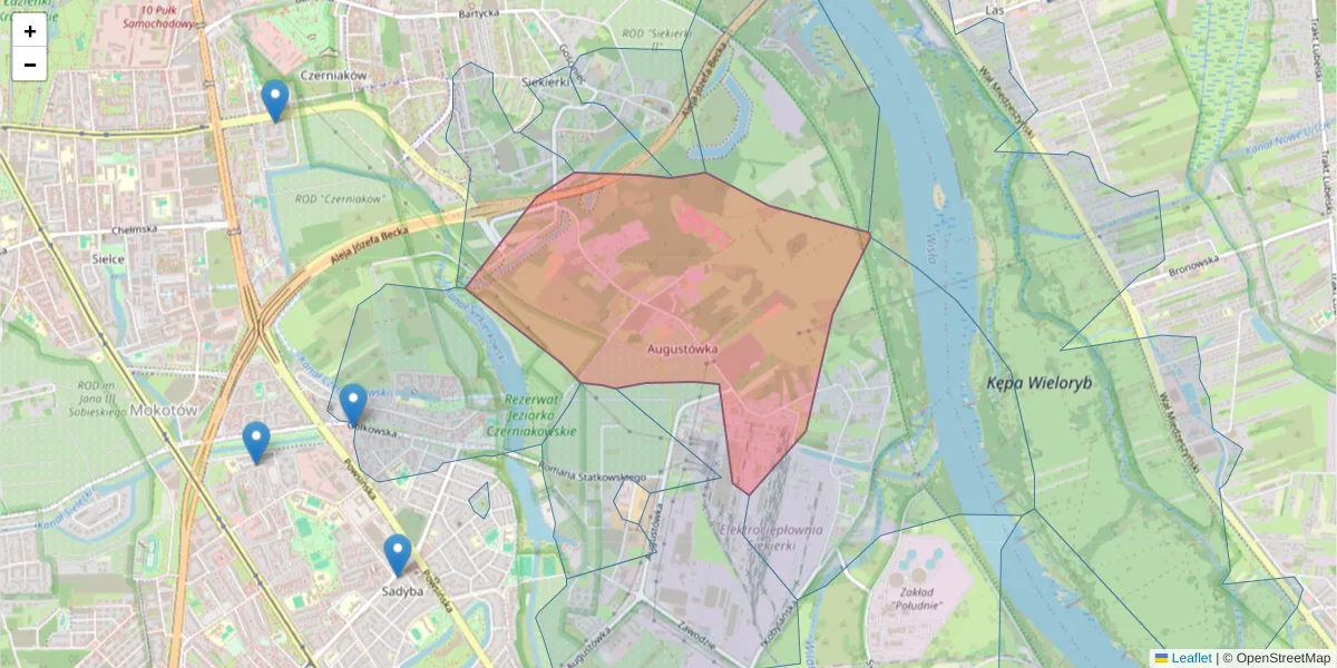 Szczegółowa mapa kodu pocztowego 02-977 z granicami, sąsiednimi kodami pocztowymi i urzędami pocztowymi