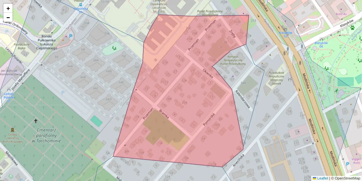 Szczegółowa mapa kodu pocztowego 03-104 z granicami, sąsiednimi kodami pocztowymi i urzędami pocztowymi