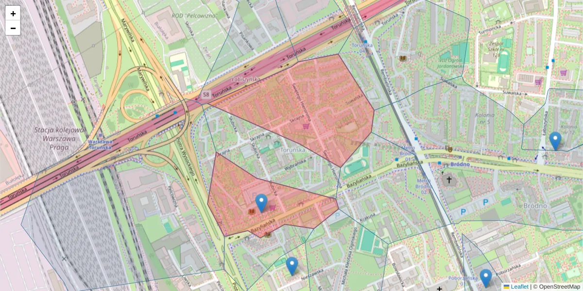 Szczegółowa mapa kodu pocztowego 03-200 z granicami, sąsiednimi kodami pocztowymi i urzędami pocztowymi