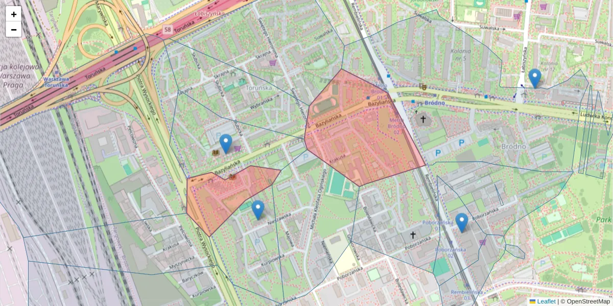 Szczegółowa mapa kodu pocztowego 03-203 z granicami, sąsiednimi kodami pocztowymi i urzędami pocztowymi