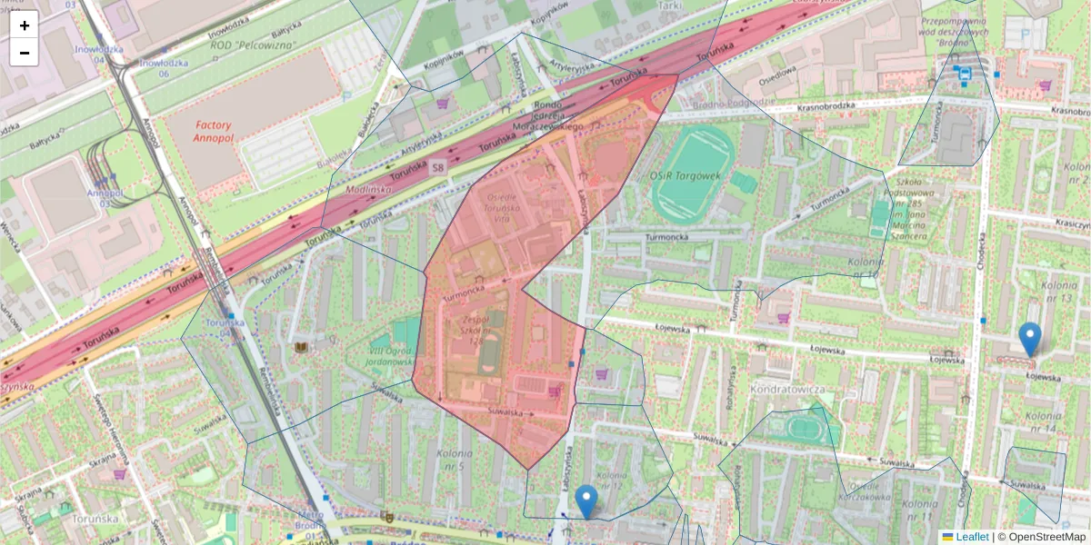 Szczegółowa mapa kodu pocztowego 03-204 z granicami, sąsiednimi kodami pocztowymi i urzędami pocztowymi