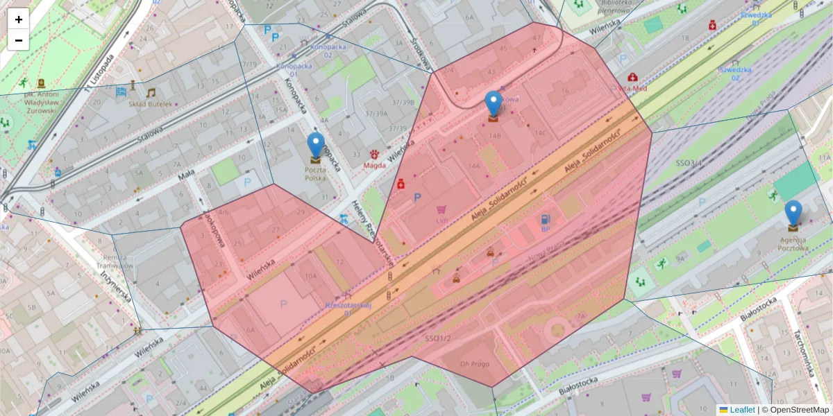 Szczegółowa mapa kodu pocztowego 03-414 z granicami, sąsiednimi kodami pocztowymi i urzędami pocztowymi