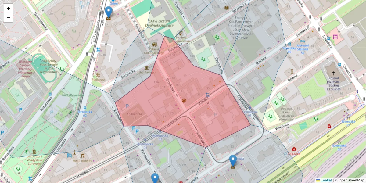 Szczegółowa mapa kodu pocztowego 03-430 z granicami, sąsiednimi kodami pocztowymi i urzędami pocztowymi