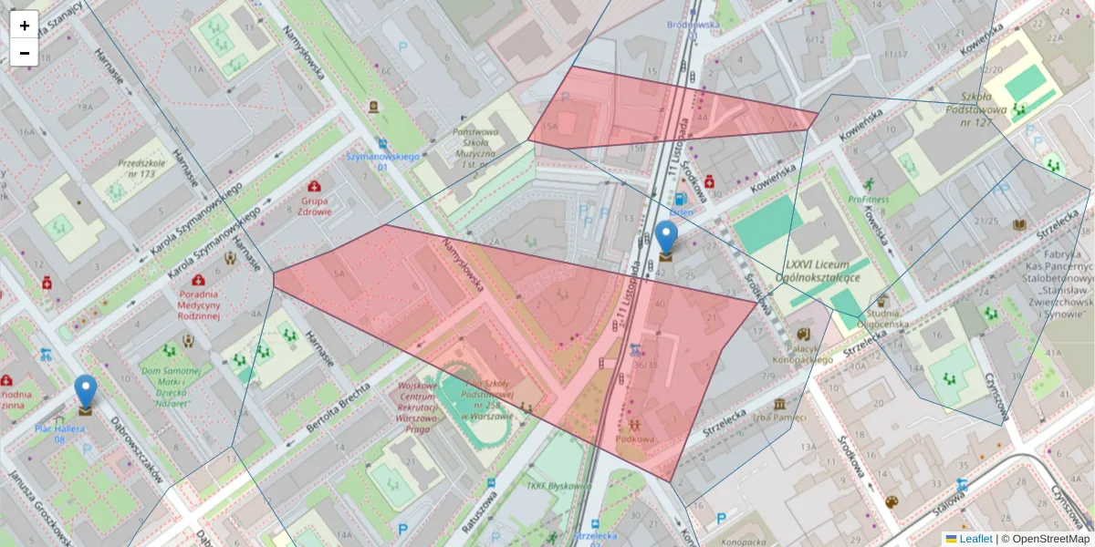 Szczegółowa mapa kodu pocztowego 03-436 z granicami, sąsiednimi kodami pocztowymi i urzędami pocztowymi