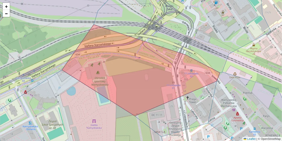 Szczegółowa mapa kodu pocztowego 03-445 z granicami, sąsiednimi kodami pocztowymi i urzędami pocztowymi