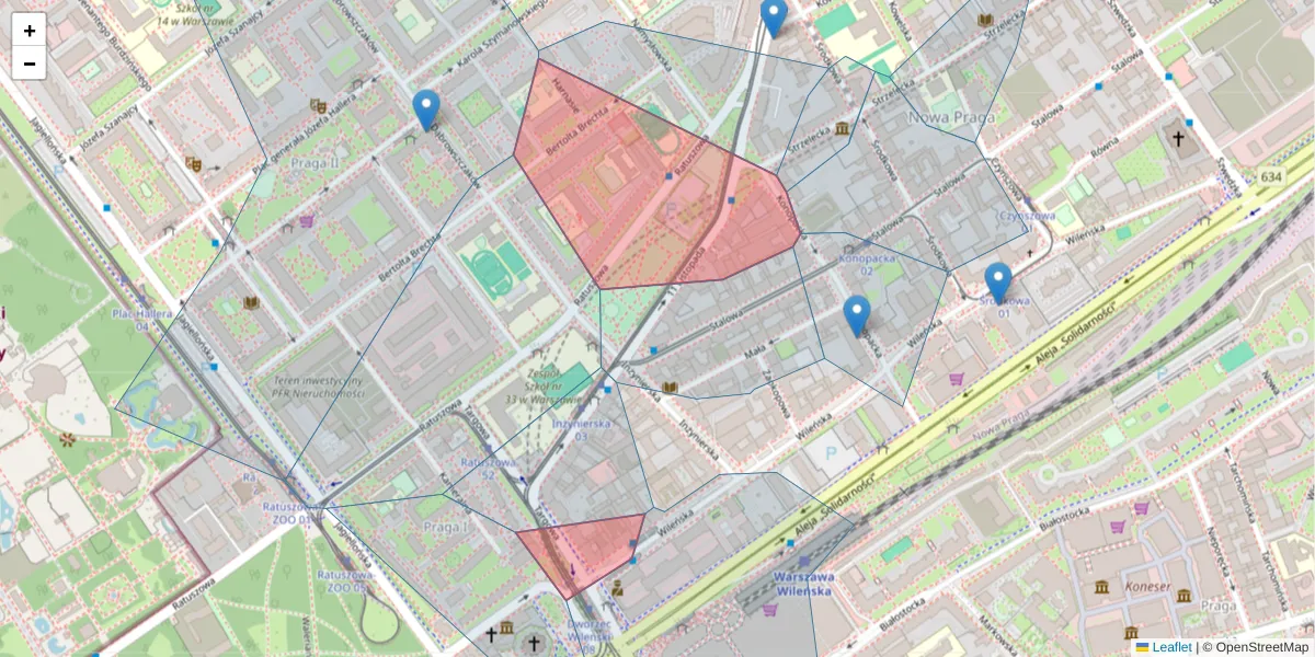 Szczegółowa mapa kodu pocztowego 03-447 z granicami, sąsiednimi kodami pocztowymi i urzędami pocztowymi