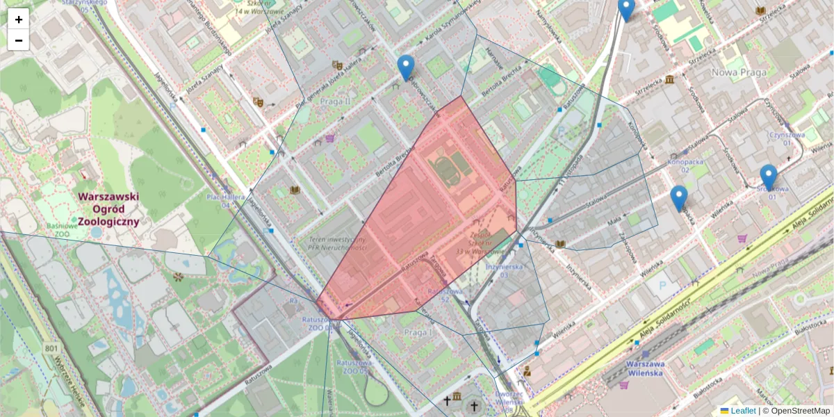 Szczegółowa mapa kodu pocztowego 03-450 z granicami, sąsiednimi kodami pocztowymi i urzędami pocztowymi
