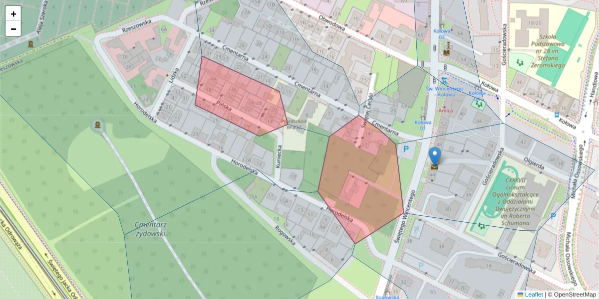 Szczegółowa mapa kodu pocztowego 03-523 z granicami, sąsiednimi kodami pocztowymi i urzędami pocztowymi