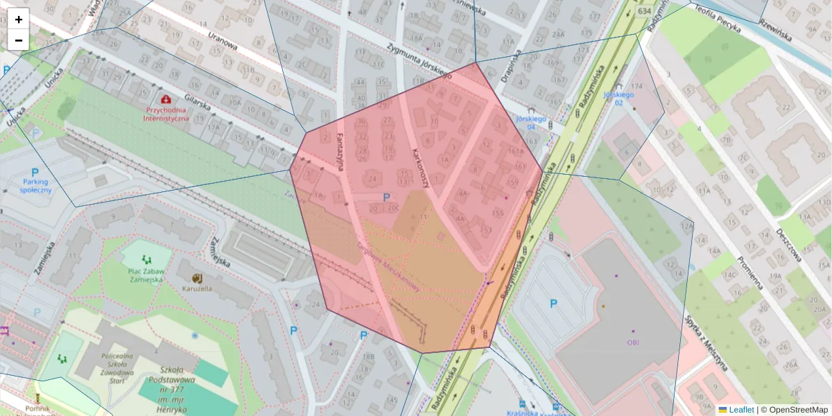Szczegółowa mapa kodu pocztowego 03-581 z granicami, sąsiednimi kodami pocztowymi i urzędami pocztowymi