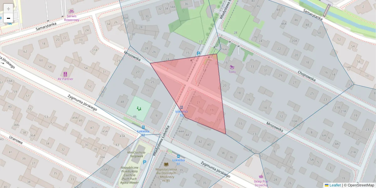 Szczegółowa mapa kodu pocztowego 03-587 z granicami, sąsiednimi kodami pocztowymi i urzędami pocztowymi