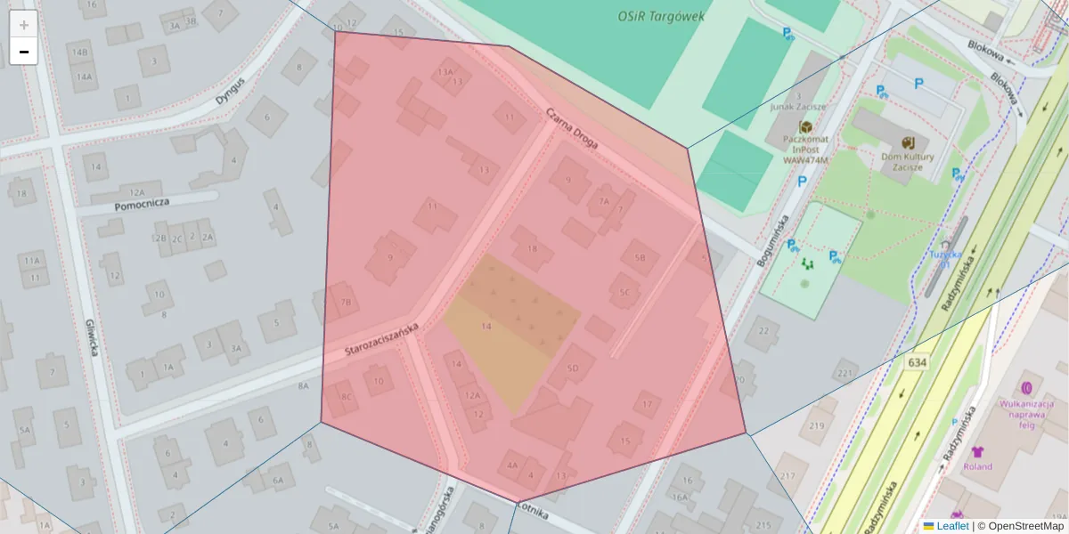 Szczegółowa mapa kodu pocztowego 03-621 z granicami, sąsiednimi kodami pocztowymi i urzędami pocztowymi